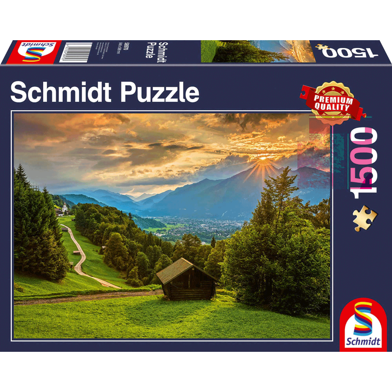 Schmidt Puzzle - Sonnenuntergang über dem Bergdorf Wamberg